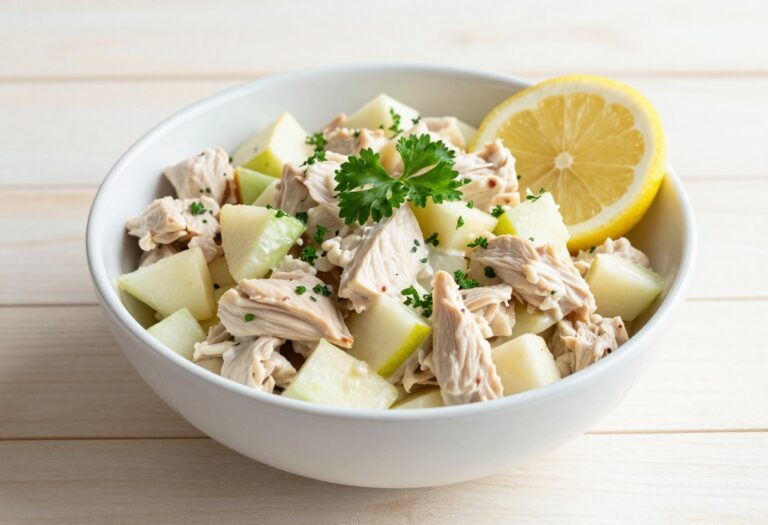 Bowl of chicken salad with apples and lemon garnish on a wooden table