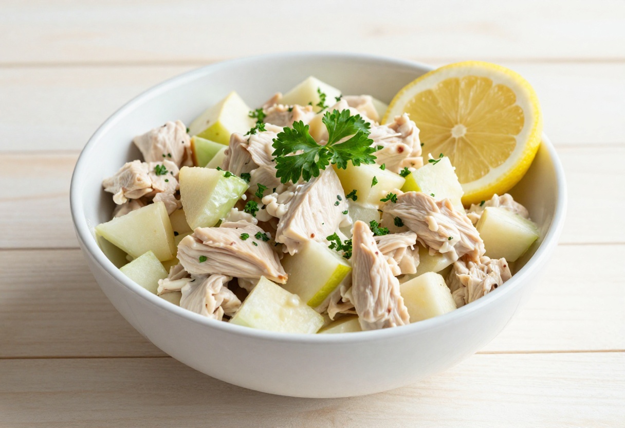 Bowl of chicken salad with apples and lemon garnish on a wooden table