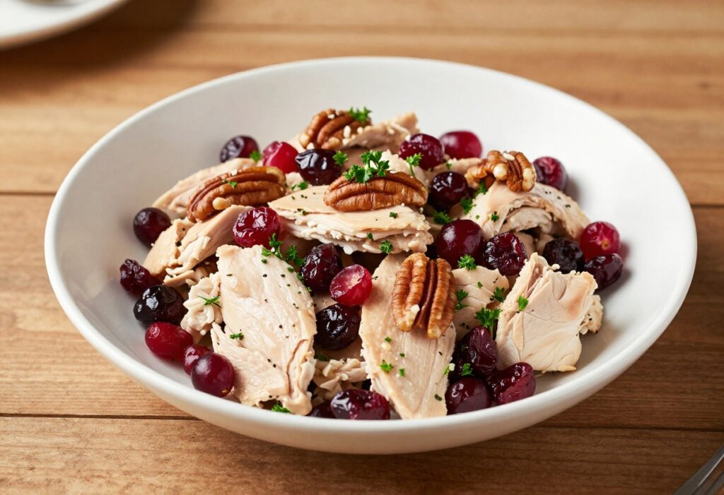 Cranberry chicken salad with a smooth nutty crunch served in a bowl.