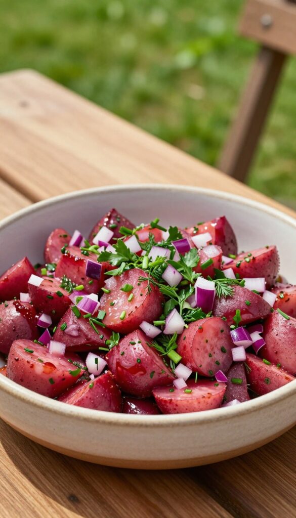 A close-up view of herb-infused red potato salad with lemon dressing in a ceramic bowl, showcasing fresh herbs and vibrant potatoes in natural light.