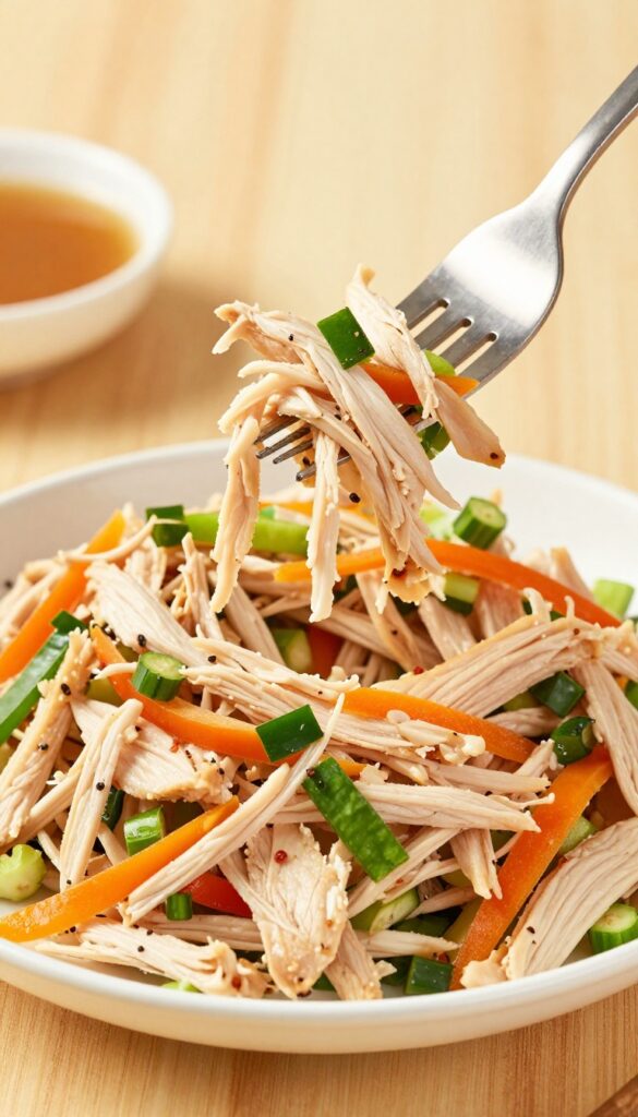Close-up of Asian chicken salad being lifted with a fork