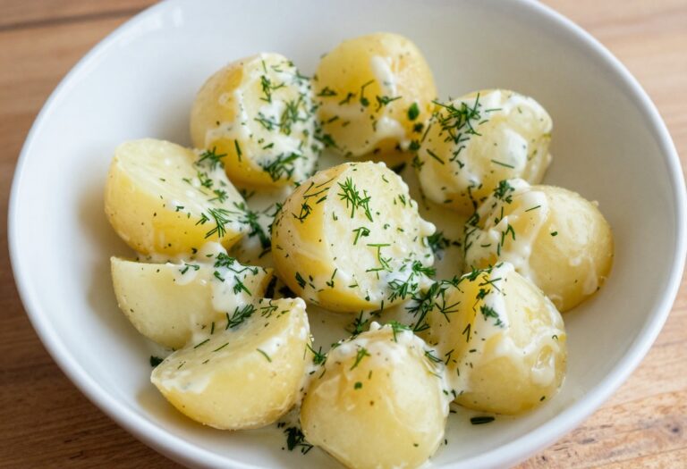 Creamy potato salad with fresh herbs in a white bowl