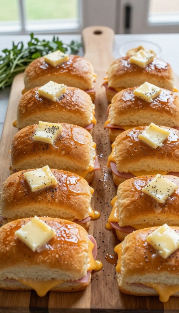 A tray of ham and cheese sliders on Hawaiian rolls, golden and buttery, with melted cheese and poppy seeds.