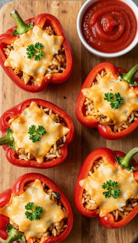 Stuffed bell peppers with rotisserie chicken, rice, and melted cheddar cheese, garnished with parsley on a wooden board.