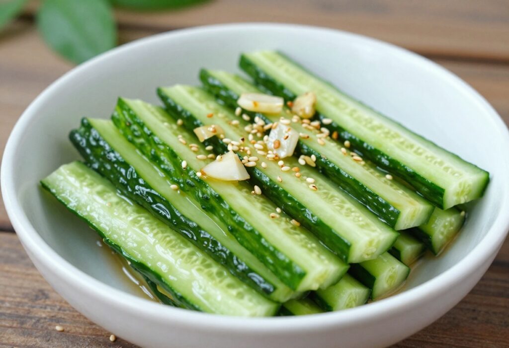 Korean cucumber salad with garlic in a bowl, ready for a picnic