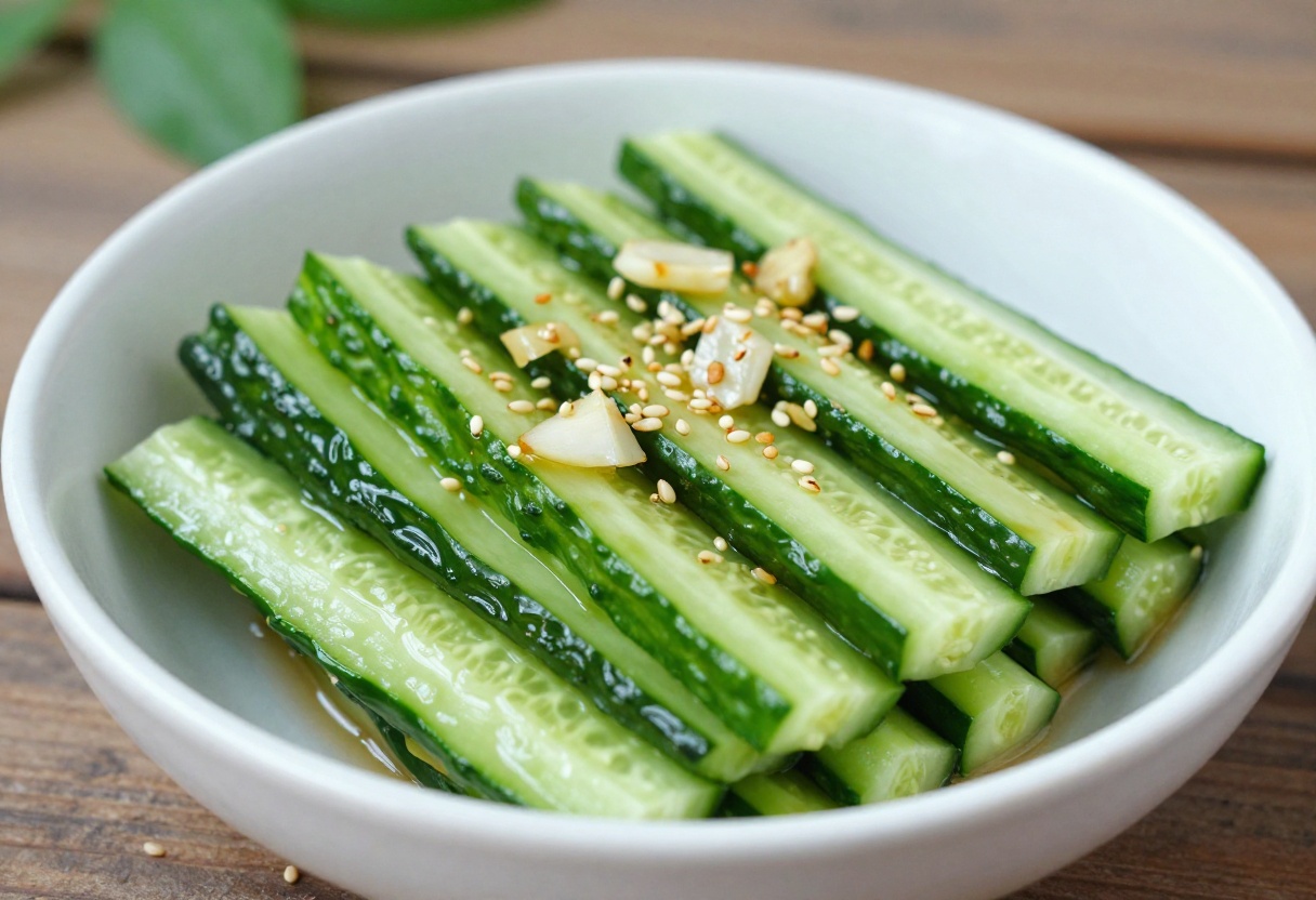 Korean cucumber salad with garlic in a bowl, ready for a picnic