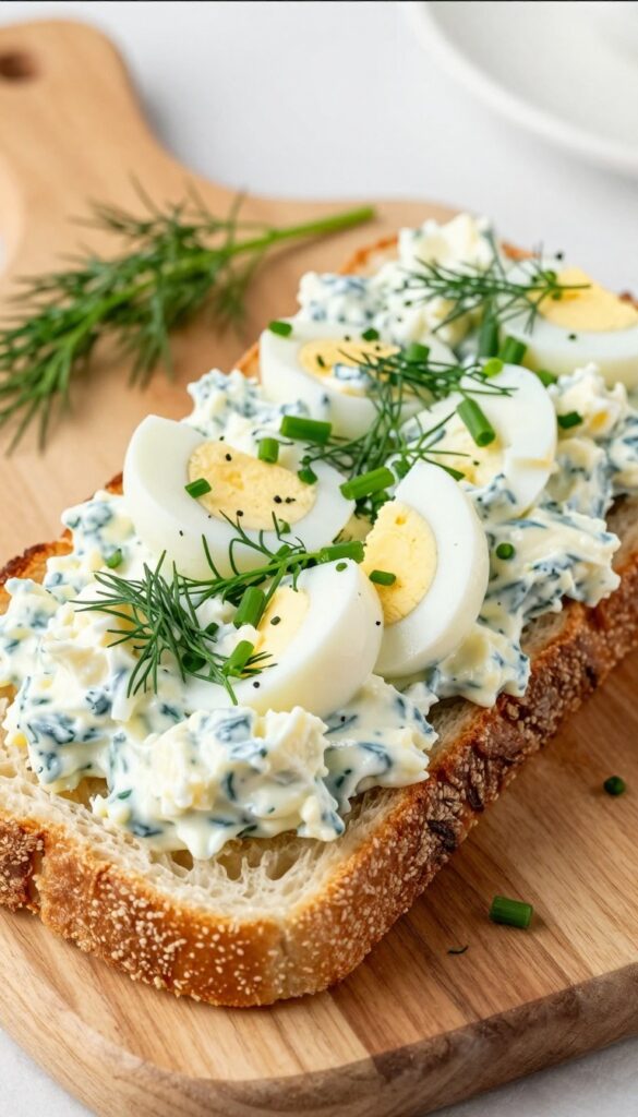Close-up of a classic herb and Greek yogurt egg salad sandwich on toasted whole-grain bread, with fresh dill and chives, served on a wooden cutting board.