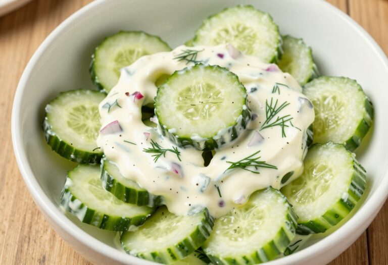 Creamy cucumber salad with mayonnaise and fresh dill in a white bowl