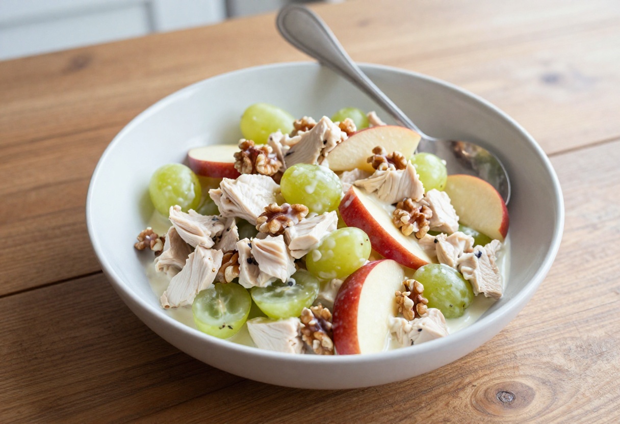 Bowl of Waldorf chicken salad with apple, grapes, and walnuts on a wooden table.