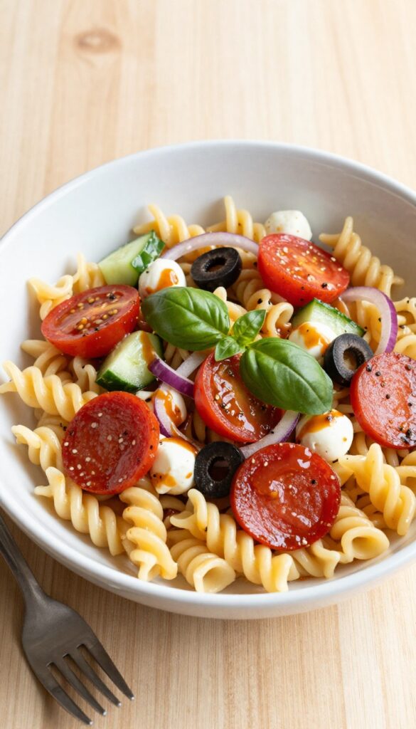 Pepperoni pasta salad with Italian dressing in a white bowl, overhead view