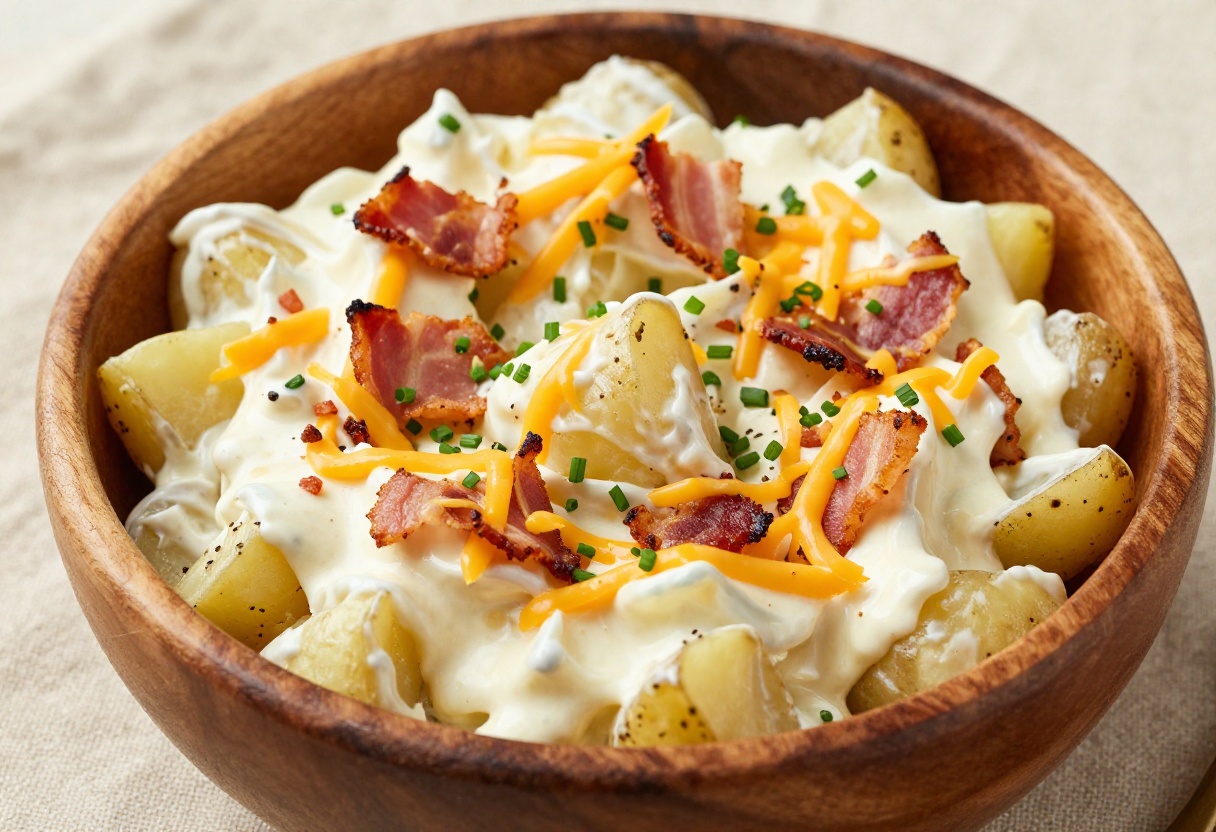 Loaded potato salad with bacon and cheese in a wooden bowl