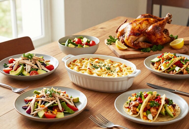 A collection of meals made from rotisserie chicken including pasta bake, salad, and tacos on a rustic wooden table.
