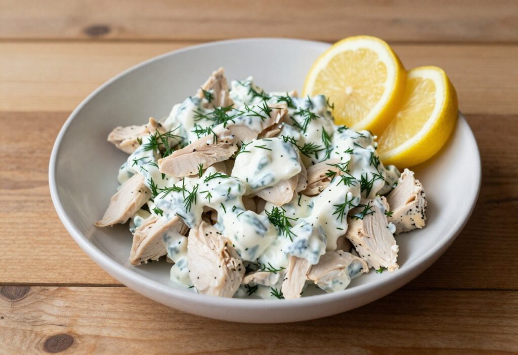 Bowl of Greek yogurt chicken salad with dill and lemon wedges on wooden table