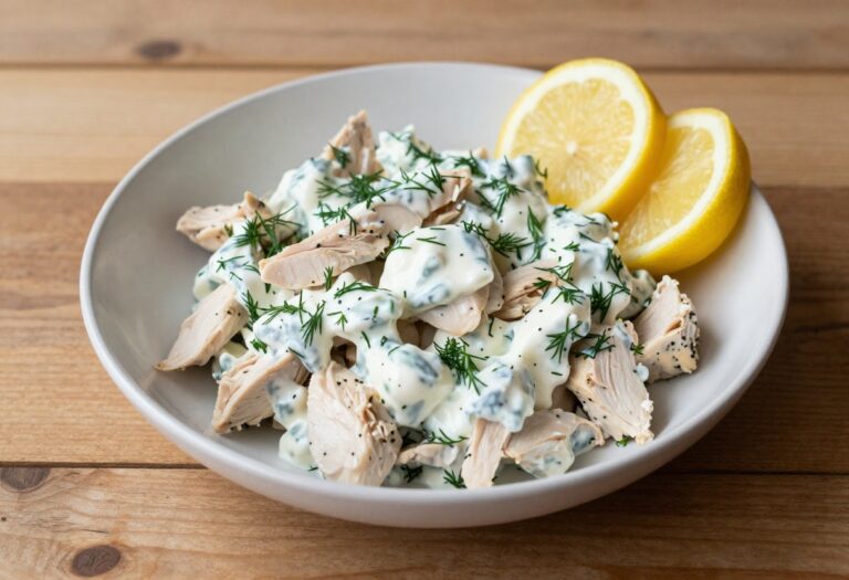 Bowl of Greek yogurt chicken salad with dill and lemon wedges on wooden table