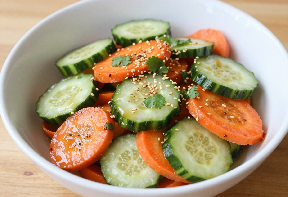 Cucumber carrot salad with sesame dressing in a bowl