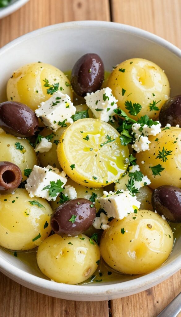 A vibrant Mediterranean potato salad with olives and feta in a ceramic bowl on a wooden table, showcasing fresh ingredients in natural light.