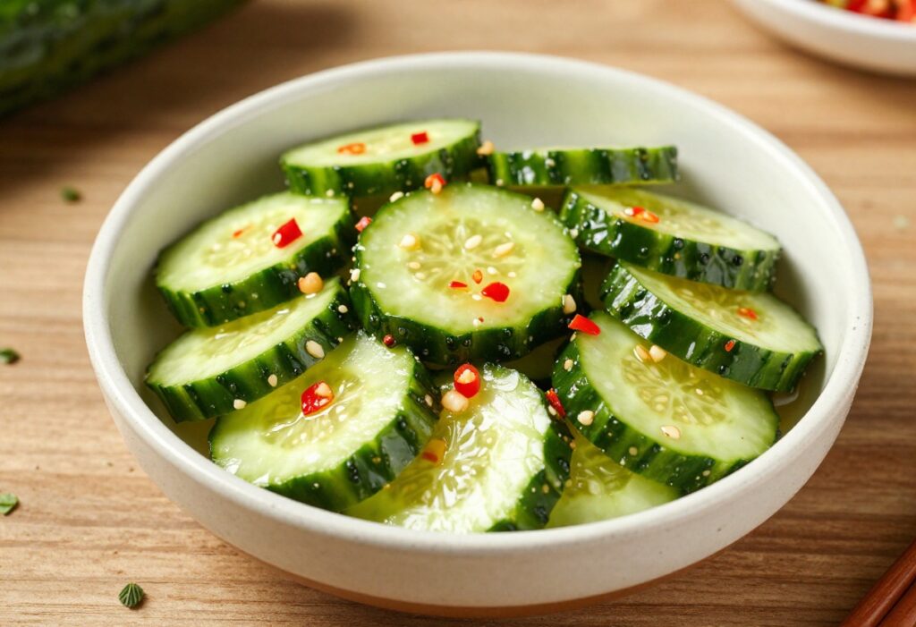 Close-up of spicy cucumber salad with garlic and chile in a ceramic bowl