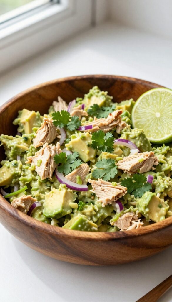 Avocado chicken salad in a wooden bowl with cilantro and lime