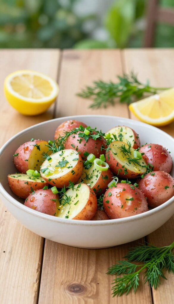 A bowl of light and zesty lemon herb potato salad with halved red potatoes, fresh herbs, and lemon wedges on a rustic wooden table in natural light.