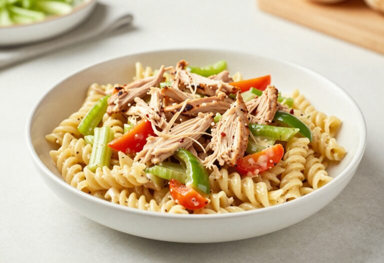 Rotisserie chicken pasta salad in a bowl, showcasing shredded chicken, pasta, and crunchy vegetables in a creamy dressing, ideal for easy meals
