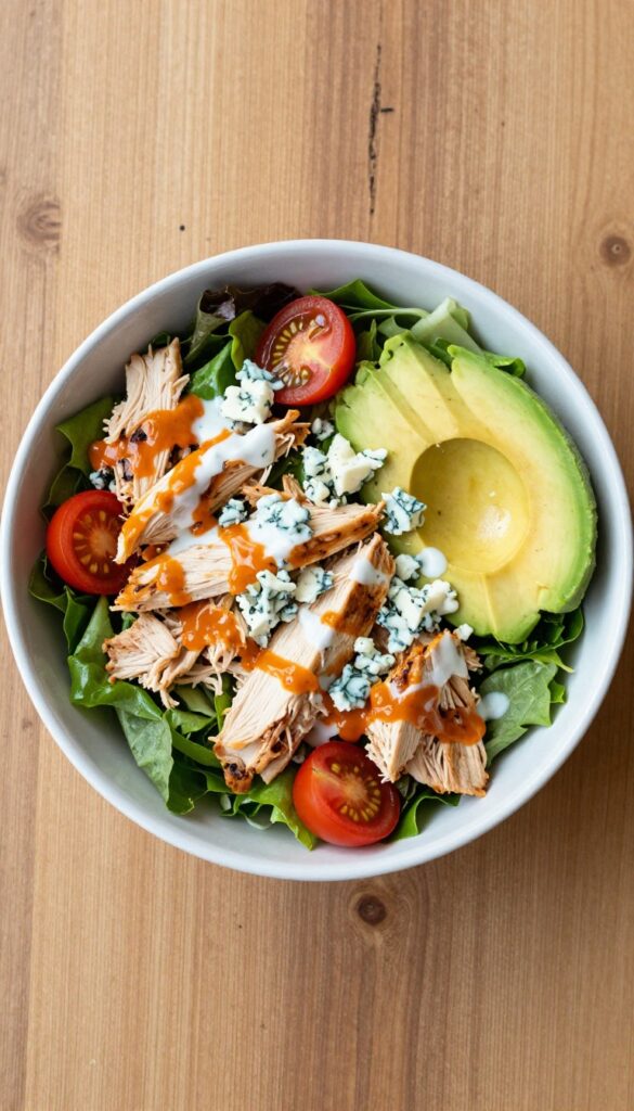 Loaded buffalo chicken salad bowl with avocado and blue cheese