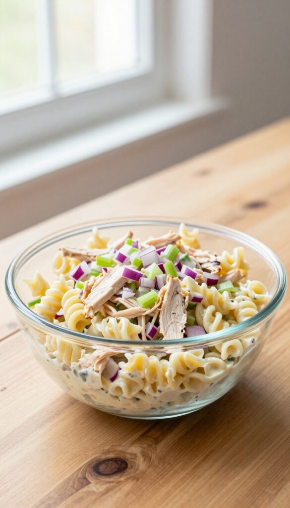 A creamy chicken pasta salad with rotini pasta, shredded chicken, and vegetables in a glass bowl on a wooden table, bathed in natural light.