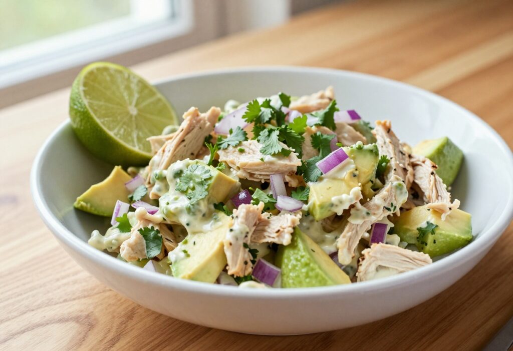 Mexican canned chicken salad in a white bowl with avocado and lime wedge