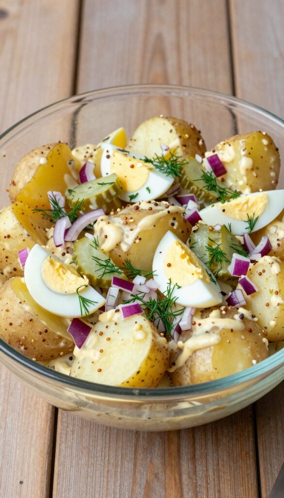 A close-up view of tangy mustard and pickle potato salad in a glass bowl, showcasing creamy dressing with whole-grain mustard, pickles, and fresh dill on a wooden table.
