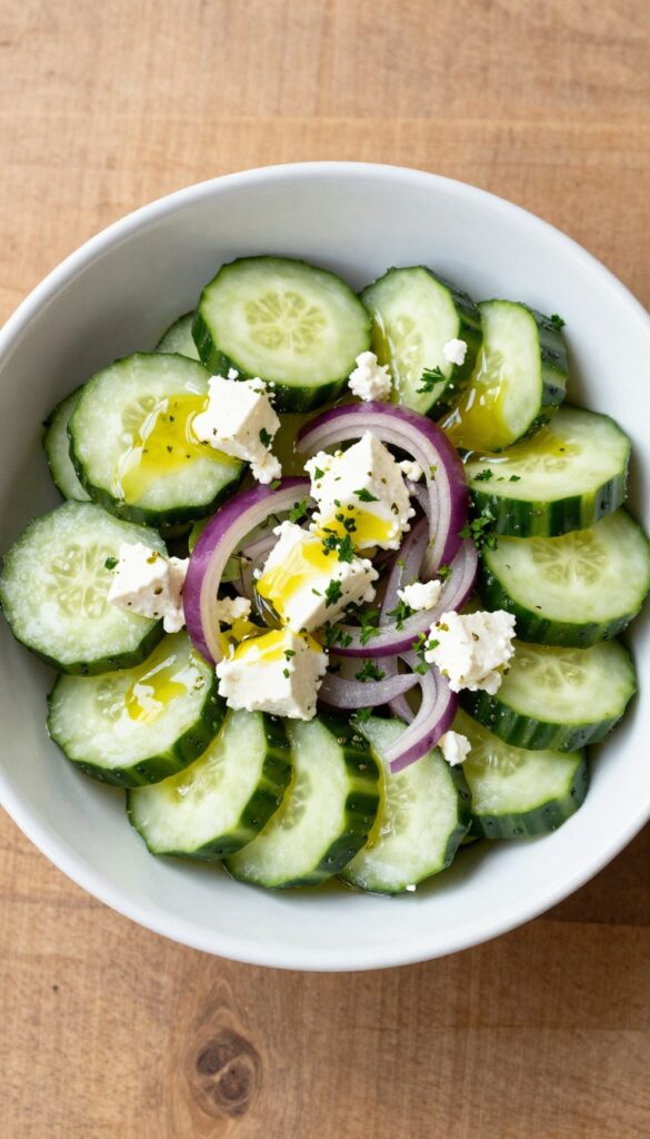 Greek-style cucumber salad with feta and oregano olive oil in a white bowl on a wooden table.