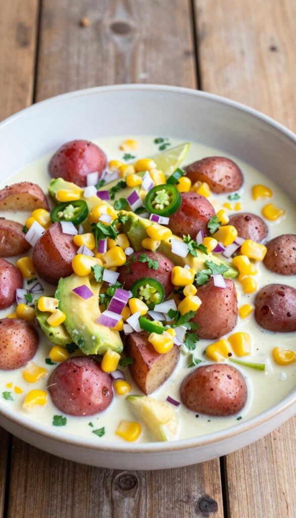 A colorful and spicy Southwest potato salad with red potatoes, corn, avocado, and jalapeño in a bowl, perfect for backyard BBQs.