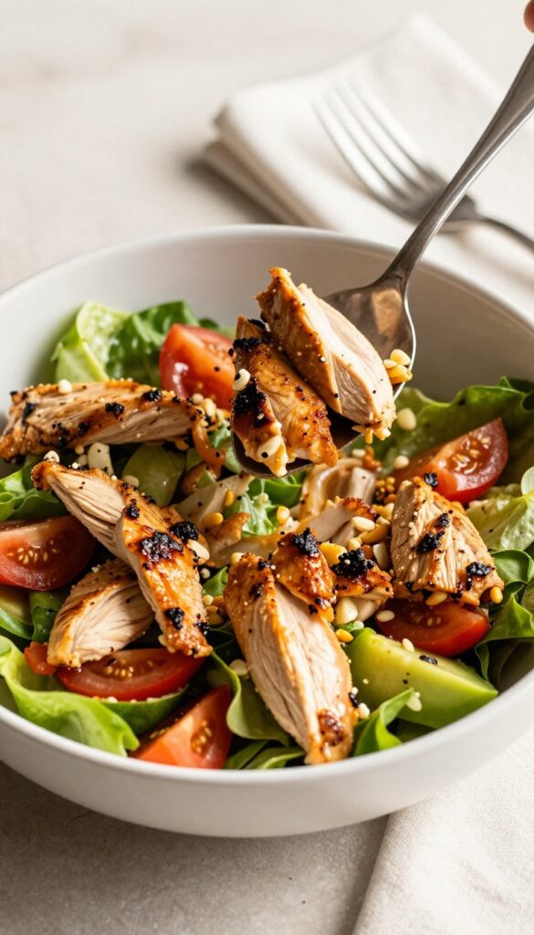 Close-up of BBQ chicken salad being scooped with a spoon