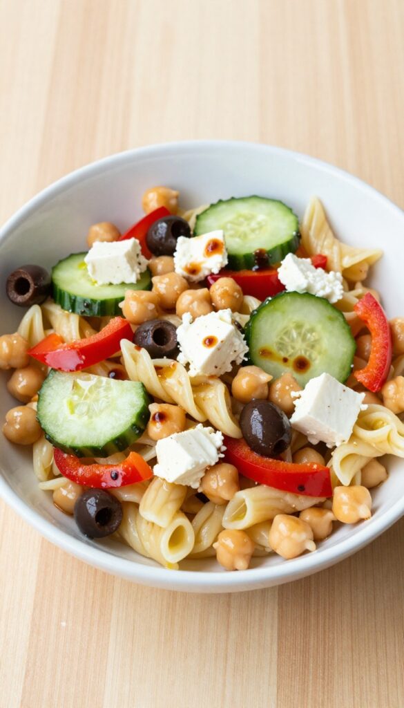A close-up view of a Mediterranean chickpea pasta salad in a white bowl, showcasing ingredients like pasta, chickpeas, red bell pepper, cucumber, olives, and feta cheese, with natural lighting and a clean, blog-friendly aesthetic.