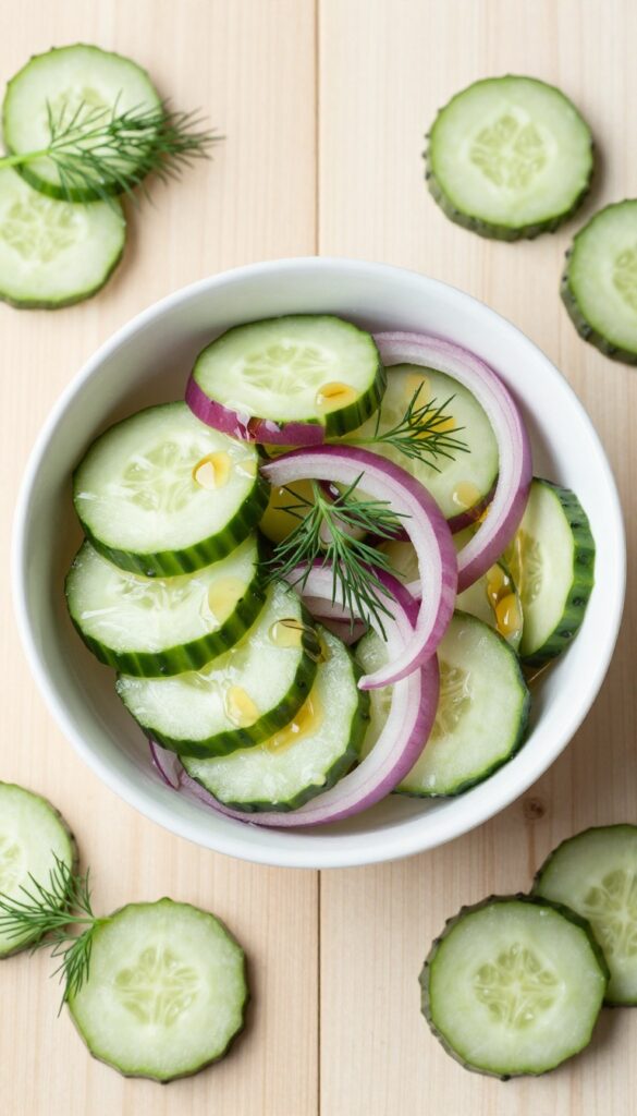 Tangy red onion and dill cucumber salad in a white bowl on a wooden table