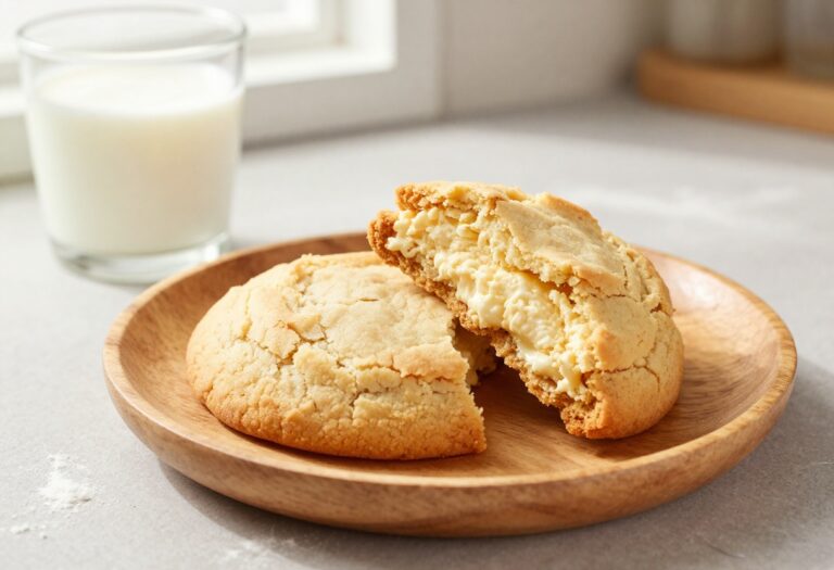Soft cottage cheese cookie on a wooden plate with a glass of milk