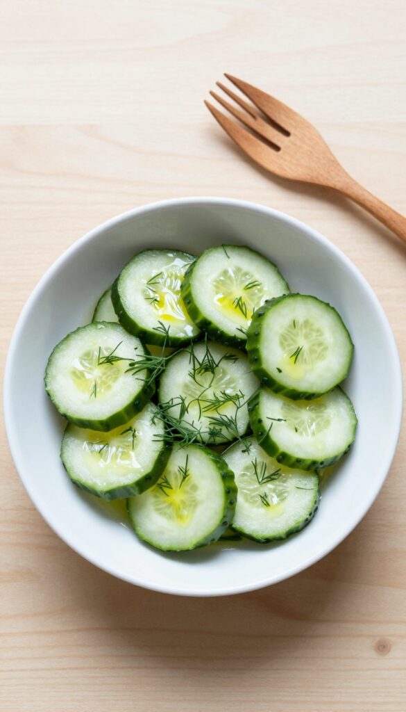 Simple sliced cucumber salad with fresh dill and vinegar in a white bowl on a wooden table