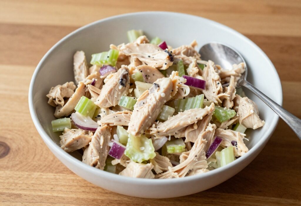 Creamy chicken salad in a bowl with a spoon on a wooden table