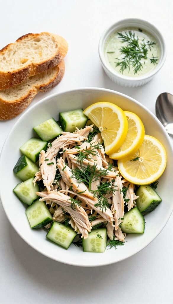 Lemon herb chicken salad with cucumber and dill in a white bowl