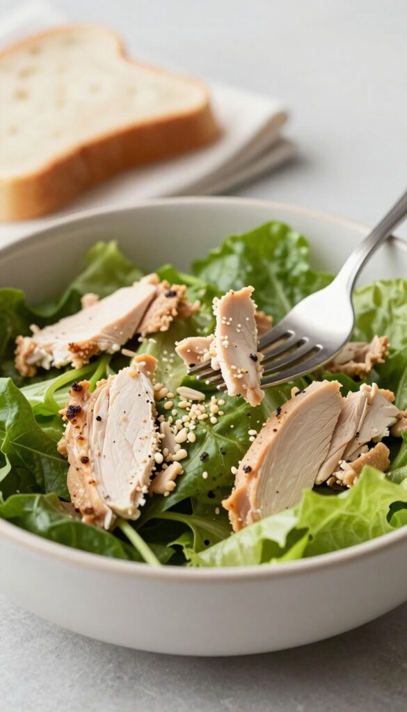Side view of chicken salad in a bowl with fork and bread slice