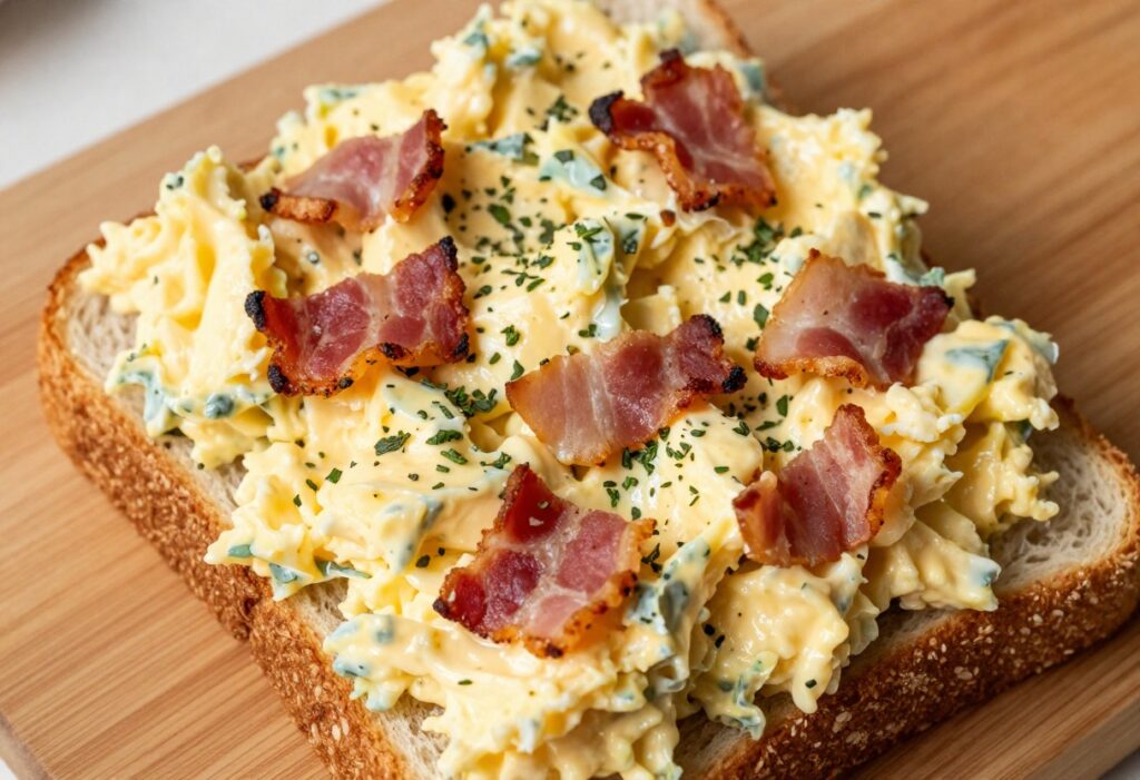 Egg salad sandwich with crispy bacon on toasted bread, cut in half to show filling