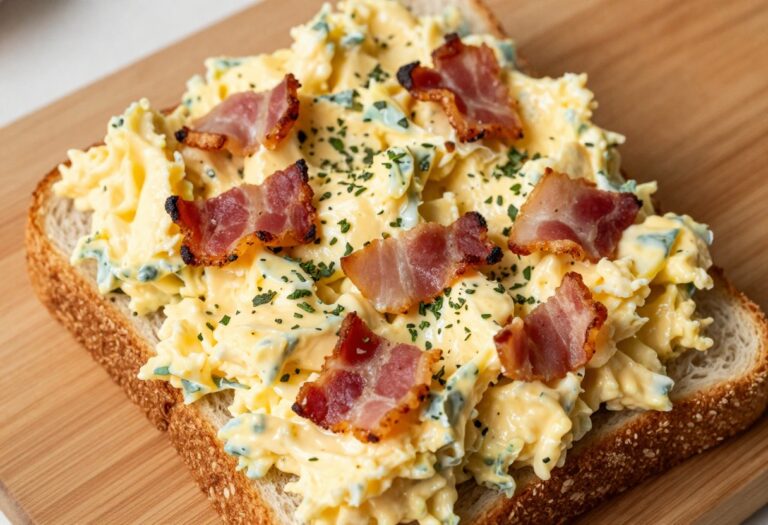 Egg salad sandwich with crispy bacon on toasted bread, cut in half to show filling