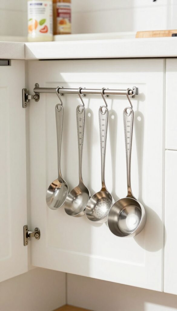 Command hooks holding measuring cups and spoons on inside of kitchen cabinet door