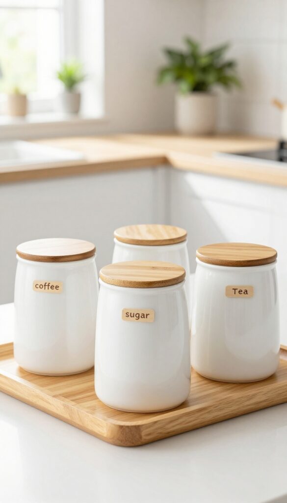 Three matte white ceramic canisters with bamboo lids on a wooden tray on a kitchen countertop, with natural light and a clean background.