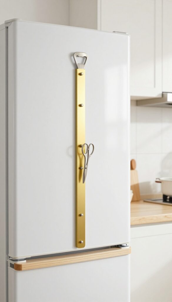 A magnetic strip on the side of a white refrigerator holding metal kitchen tools and a spice tin, with a wooden ledge underneath.