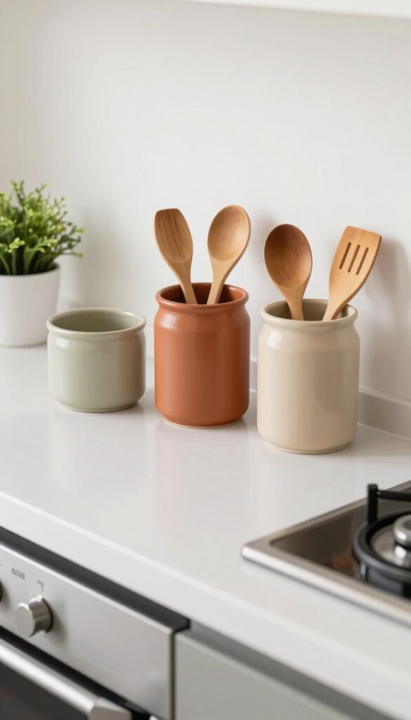 Three ceramic canisters in earthy tones filled with wooden kitchen utensils on a countertop near a stove, with a small plant and salt cellar beside them.