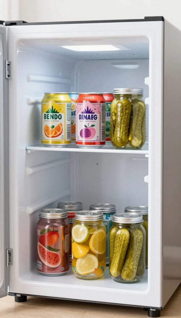 Mini fridge with tiered shelf organizing cans and jars
