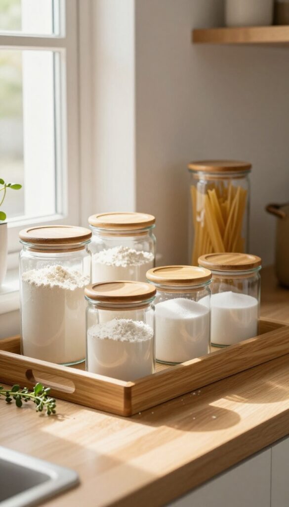 Clear glass canisters with bamboo lids on a wooden tray on a kitchen counter, filled with pantry staples like flour and pasta, warm natural light.