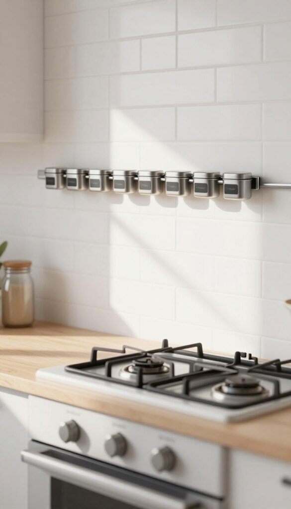 Magnetic spice jars mounted on a wall strip in a bright kitchen