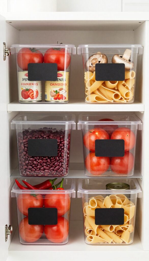 Clear bins on a pantry shelf, each filled with canned goods grouped by meal type: soup, chili, and pasta.