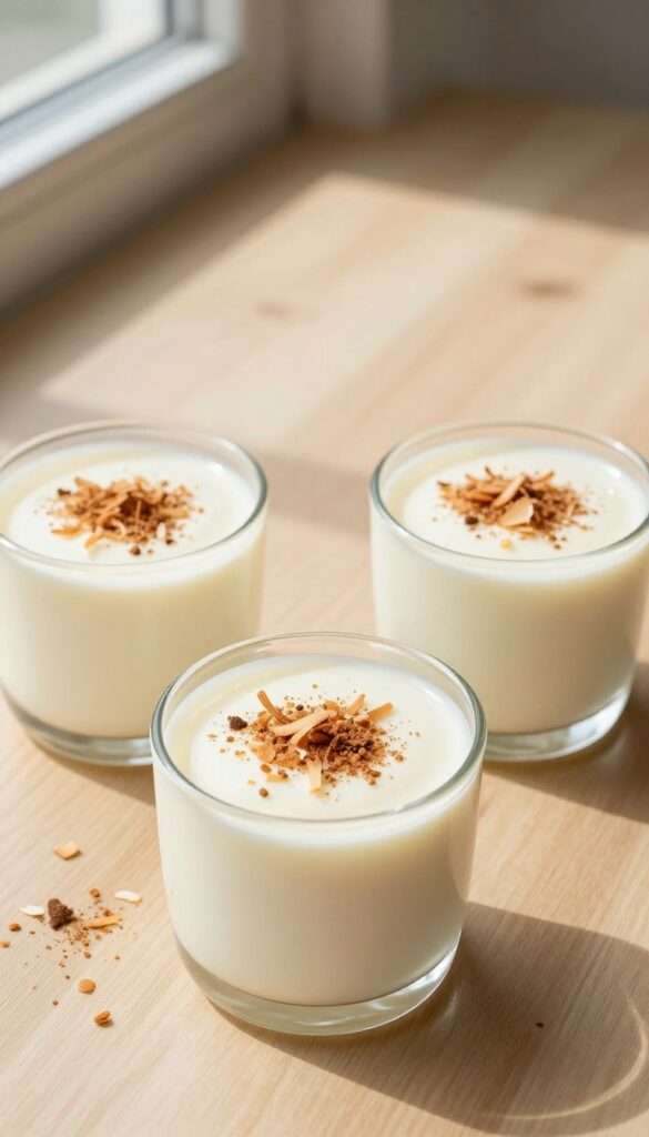 Coconut vanilla custard cups topped with toasted coconut flakes and cinnamon on a wooden table.