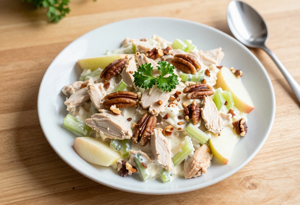 Bowl of creamy smoked chicken salad with celery, apple, and pecans, on a wooden table.